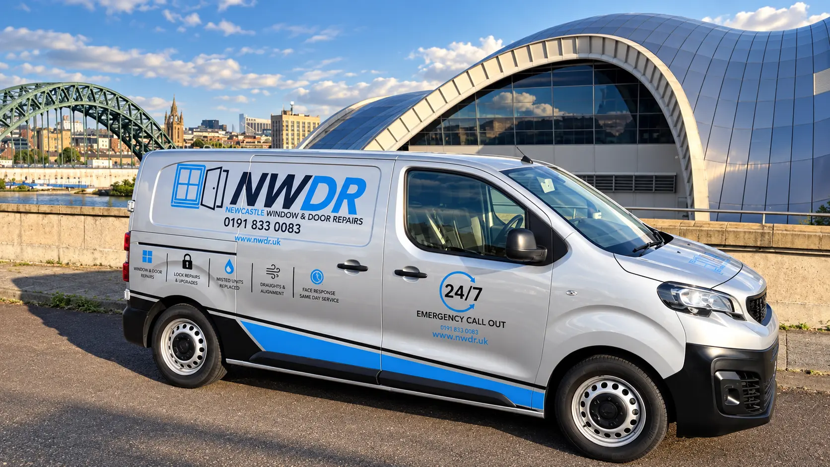 Newcastle Window and Door Repairs van beside the Tyne Bridge and Sage Gateshead